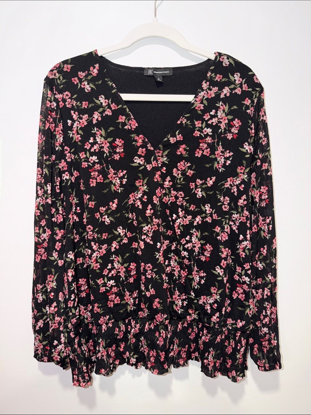INC XL Black Pink Floral Front Wrap Long Sleeve Gathered Waist Tulle Blouse